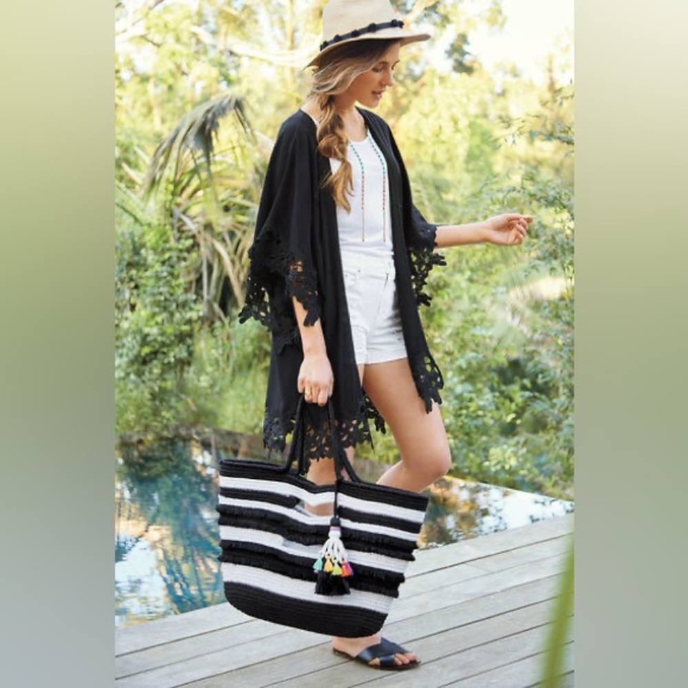 Stella & Dot Taj Large Tote Bag Black & White Stripe Tassel Purse/ tote